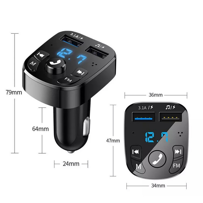 Încărcător rapid multifuncțional USB dublu pentru mașină Transmițător FM MPS compatibil Bluetooth cu voltmetru Afișaj digital Accesorii auto