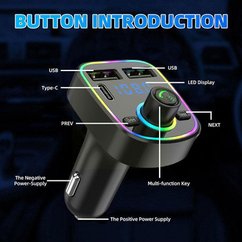 Πομπός FM Bluetooth 5.0 PD Type-C Διπλός προσαρμογέας USB 3.1A Handsfree Πολύχρωμο MP3 Light Player Fast Charger Ambient Y7X6