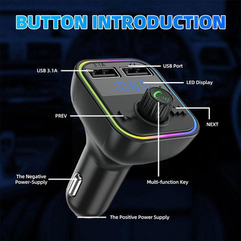 Автомобилен Bluetooth плейър FM трансмитер Dual USB 3.1A Бързо устройство за свободни ръце Светлинен модулатор Зарядно устройство Цветен амбиентен плейър MP3 J8O6