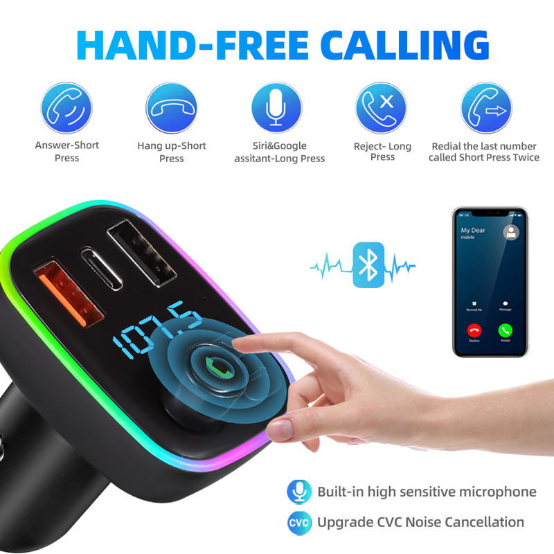 Transmițător FM Bluetooth 5.0 pentru mașină Kit auto PD 18W Type-C Dual USB 4.2A Încărcător rapid Lumină ambientală Handsfree MP3 Modulator Player