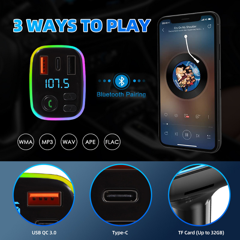 Transmițător FM Bluetooth 5.0 pentru mașină Kit auto PD 18W Type-C Dual USB 4.2A Încărcător rapid Lumină ambientală Handsfree MP3 Modulator Player