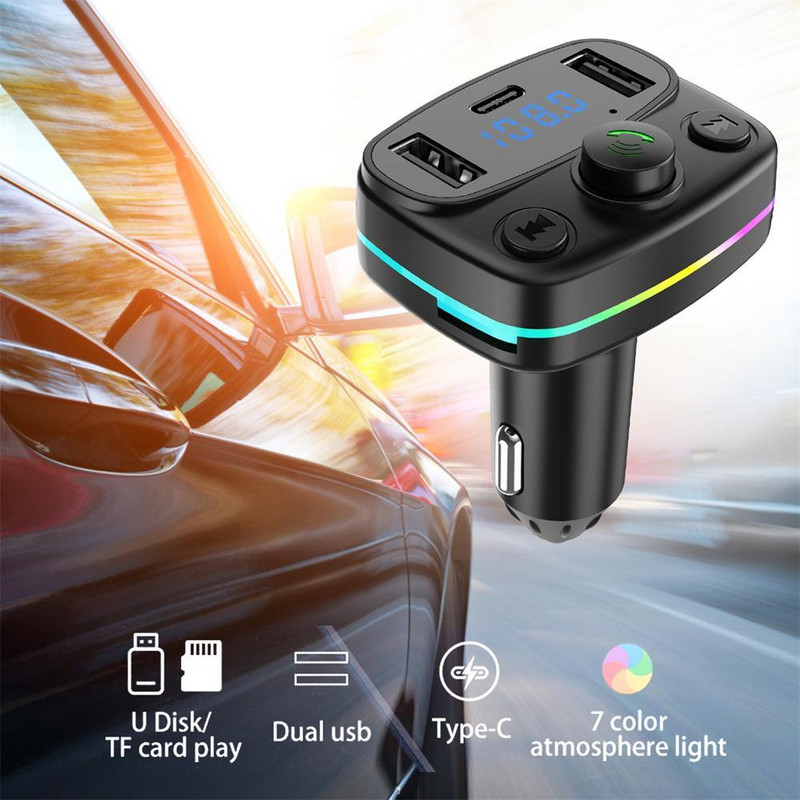 Automobilski Bluetooth 5.0 FM odašiljač PD Type-C Dvostruki USB audio prijemnik Šareni modulator 3.1A player punjač brzi MP3 handsfree P9N0