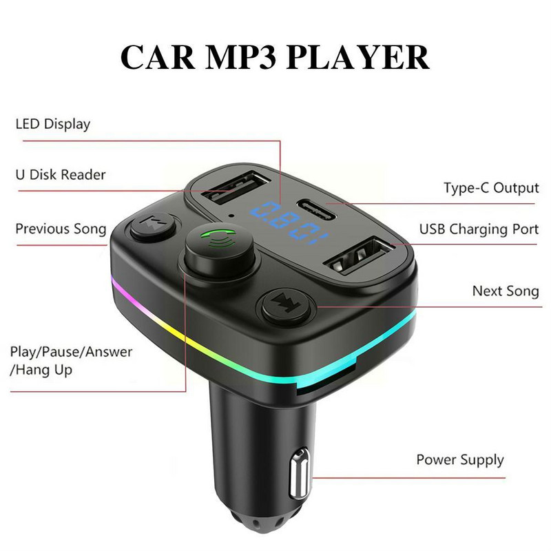 Automobilski Bluetooth 5.0 FM odašiljač PD Type-C Dvostruki USB audio prijemnik Šareni modulator 3.1A player punjač brzi MP3 handsfree P9N0