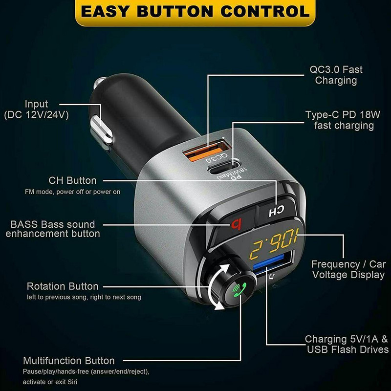 1 buc. Transmițător FM Bluetooth 5.0 pentru mașină QC3.0 Tip-C PD Răspuns Modulator radio Negru rapid Mâini libere pentru mașină Argintiu Apeluri de încărcare I3G0