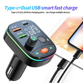 Autós Bluetooth 5.0 FM adó autós töltő Kettős USB 3.1A+Type-C környezeti fényű kihangosító autós készlet MP3 lejátszó támogatás U TF kártya