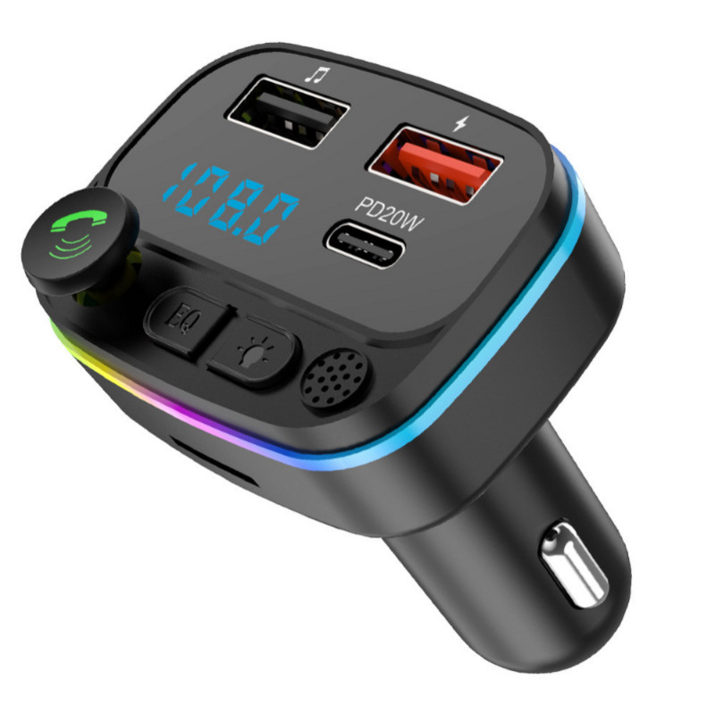 Autós Bluetooth 5.0 töltő FM adó PD 20W Type-C Dual USB 3.1A Colorful Ambient Light szivargyújtó MP3 zenelejátszó