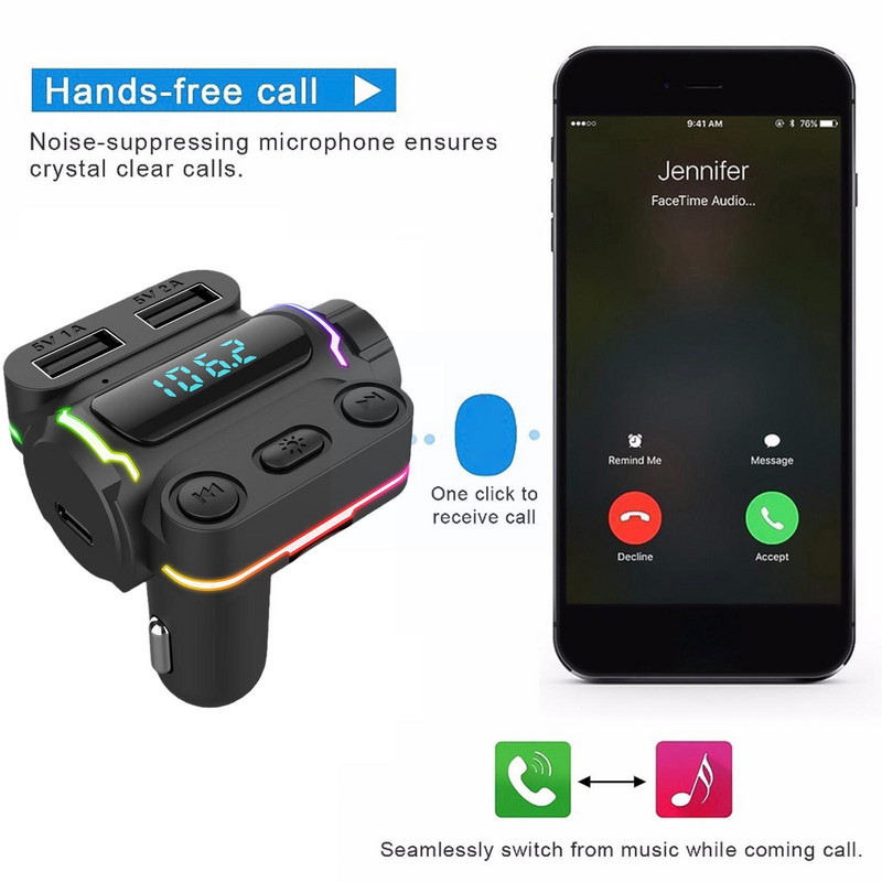 Környezeti fény Bluetooth 5.0 FM adó autós MP3 Fast Play lejátszó Lemez USB töltés TF vevő kihangosító U vezeték nélküli audio V5S2