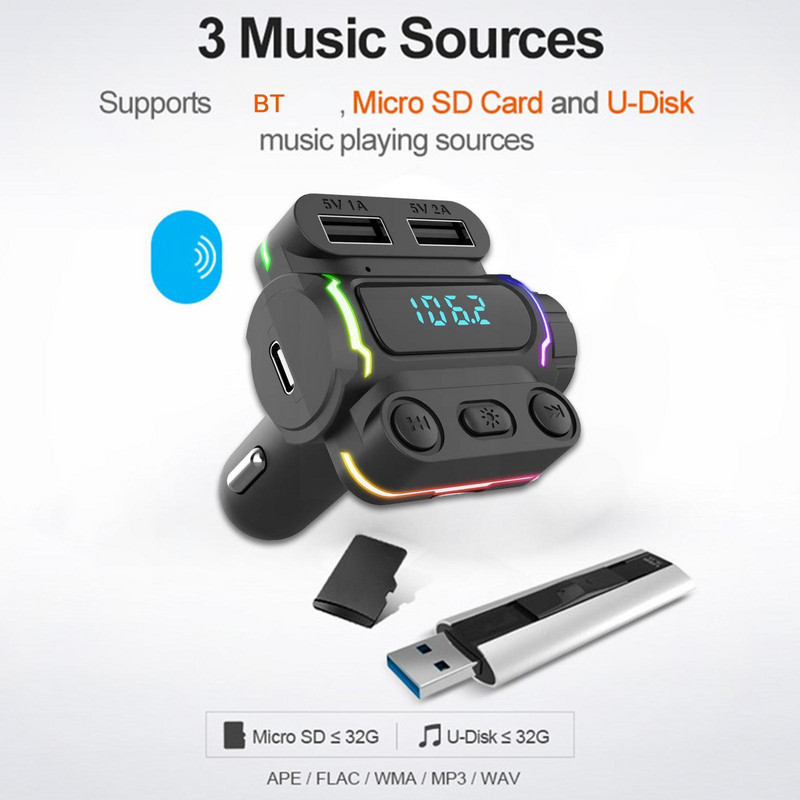 Környezeti fény Bluetooth 5.0 FM adó autós MP3 Fast Play lejátszó Lemez USB töltés TF vevő kihangosító U vezeték nélküli audio V5S2