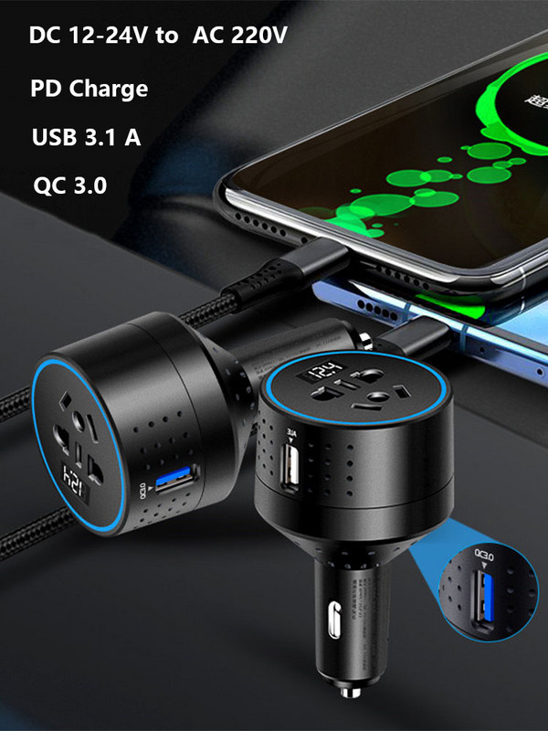 Inverteres autós töltő 12V 220V 110V PD Type-C QC3.0 USB aljzat autós töltőadapter 24V Auto Power Converter konverter 12v a 220v