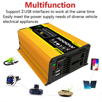 3000W Power Inverter Modified Sine Wave DC12Volt To AC110/220Volt Transformer Charger Converter Auto Power Adapter Battery Clips