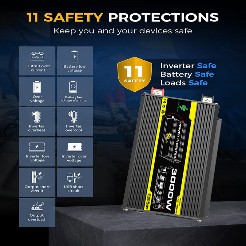 3000 W galios keitiklis modifikuotas sinusinės bangos DC12 voltų į AC110/220 voltų transformatorius įkroviklis keitiklis automatinis maitinimo adapteris, akumuliatoriaus spaustukai