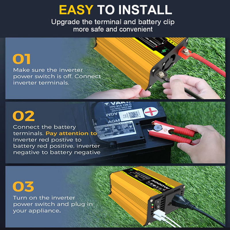 3000 W galios keitiklis modifikuotas sinusinės bangos DC12 voltų į AC110/220 voltų transformatorius įkroviklis keitiklis automatinis maitinimo adapteris, akumuliatoriaus spaustukai