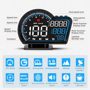 HUD GPS για ταχύμετρο Έξυπνη ψηφιακή υπενθύμιση συναγερμού Οθόνη Ηλεκτρονικά Αξεσουάρ αυτοκινήτου Ενσωματωμένο Υπολογιστή Αυτοκίνητο