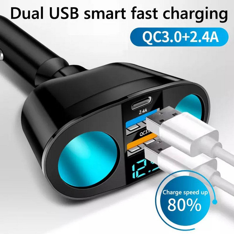 Autós szivargyújtó 12V-24V aljzatosztó tápadapter 3.1A 120W PD QC3.0 dual USB autós töltő szupergyors töltés