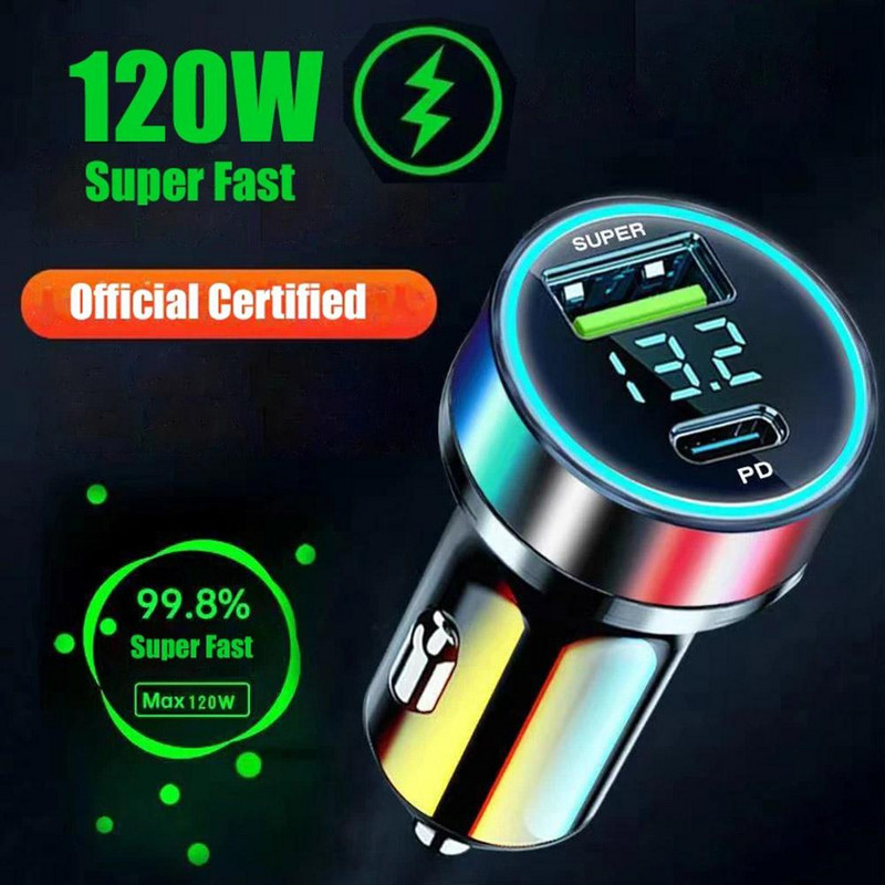 Φορητός φορτιστής αυτοκινήτου PD 20W Τύπος C USB 120W Super Fast Charge Adapter για IPhone 14 Pro Max For Huawei Car Repter Splitter