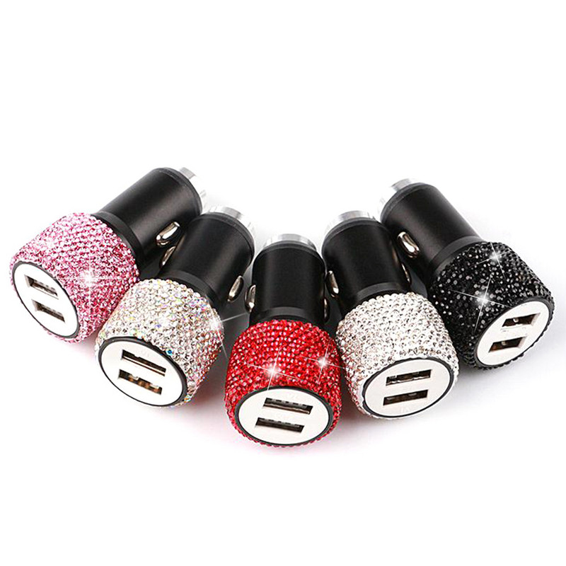 Διπλό USB αναπτήρα αυτοκινήτου Αντάπτορας φορτιστή αυτοκινήτου Rhinestones Κρυστάλλινος φορτιστής USB βύσμα Bling αξεσουάρ αυτοκινήτου για iPhone Xiaomi
