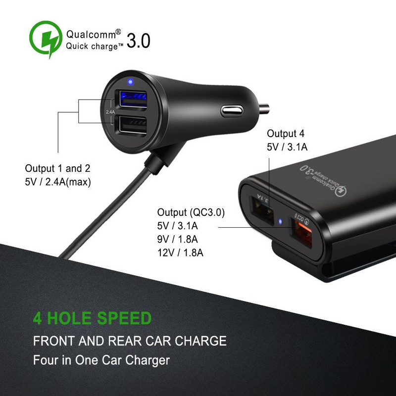 Φορτιστής αυτοκινήτου 40W Διπλό USB Shunt Qc3.0 Γρήγορος φορτιστής αυτοκινήτου 1 έως 4 Προσαρμογέας φόρτισης εμπρός πίσω καθίσματος 4 φόρτιση πολλαπλών θυρών USB με καλώδιο