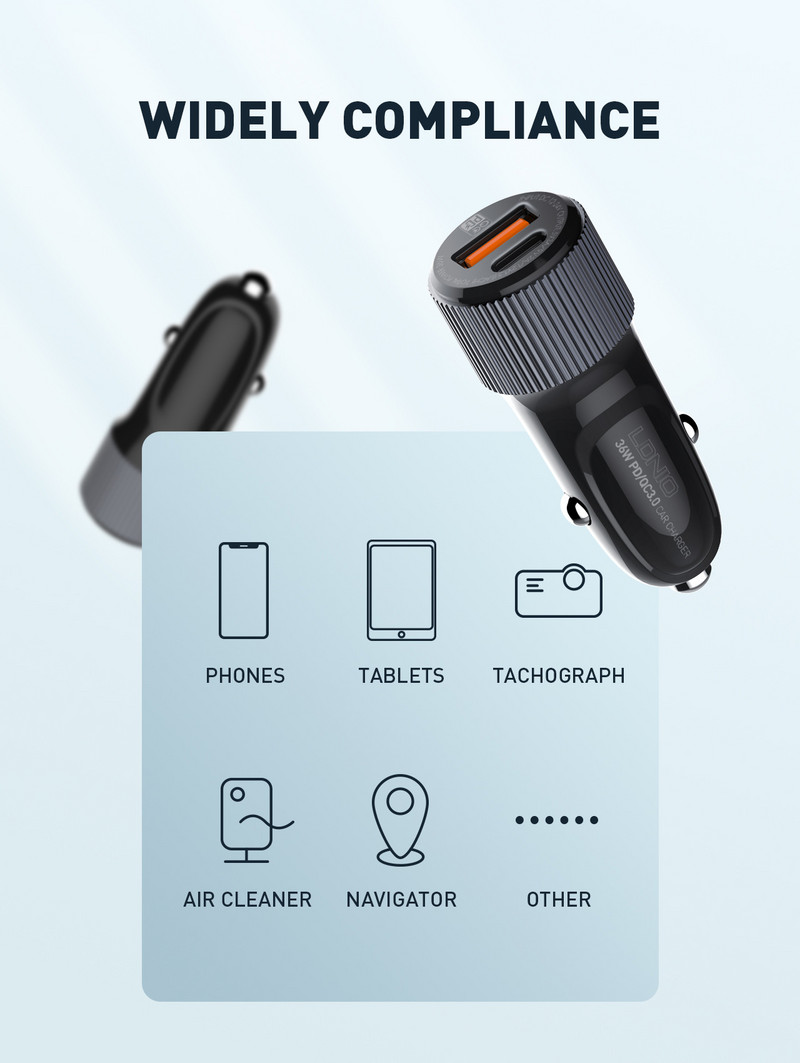 Kétportos 36 W-os autós töltő PD+QC3.0 töltéssel mobil eszközökhöz