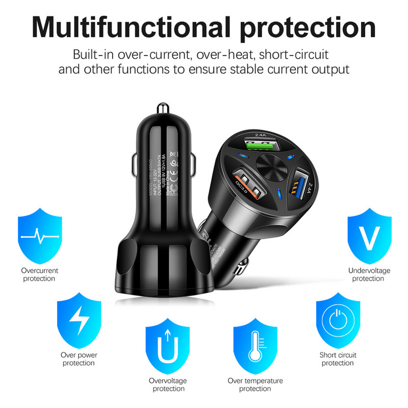 Autós töltő USB gyorstöltő QC3.0 portok autós szivargyújtó adapter iPhone-hoz Samsung Huawei Xiaomi QC autós telefon töltés