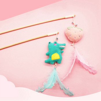 Creative Wood Pet Toys Interactive Teaser Rod Linen Πλεκτό Χαριτωμένο Φράουλα Κεφάλι Δεινόσαυρου για γάτα Κουδούνι Ραβδί γάτας Αξεσουάρ