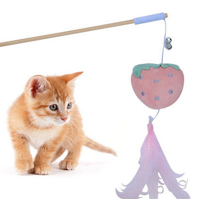 Creative Wood Pet Toys Interactive Teaser Rod Linen Πλεκτό Χαριτωμένο Φράουλα Κεφάλι Δεινόσαυρου για γάτα Κουδούνι Ραβδί γάτας Αξεσουάρ