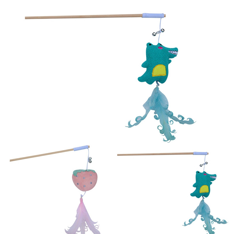 Creative Wood Pet Toys Interactive Teaser Rod Linen Πλεκτό Χαριτωμένο Φράουλα Κεφάλι Δεινόσαυρου για γάτα Κουδούνι Ραβδί γάτας Αξεσουάρ