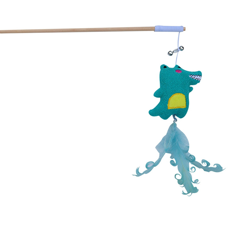 Creative Wood Pet Toys Interactive Teaser Rod Linen Πλεκτό Χαριτωμένο Φράουλα Κεφάλι Δεινόσαυρου για γάτα Κουδούνι Ραβδί γάτας Αξεσουάρ