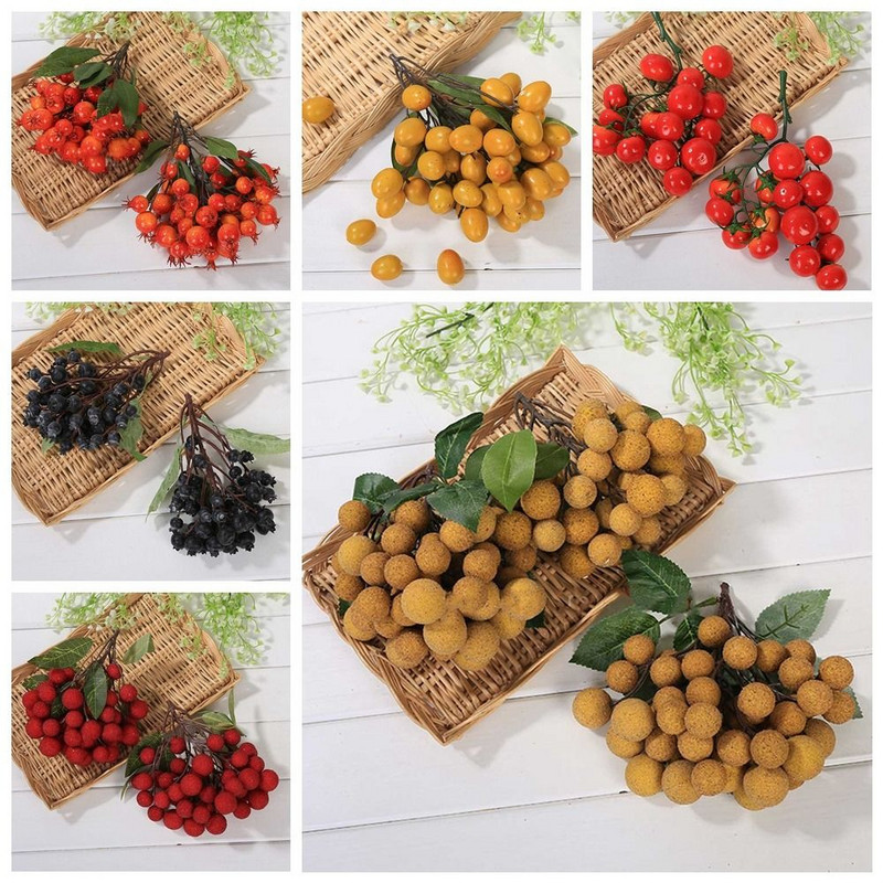 Mesterséges gyümölcsök ágak Longan paradicsom gránátalma áfonya cseresznye gyümölcs modell kirakati dísz fotó kellékek lakberendezés