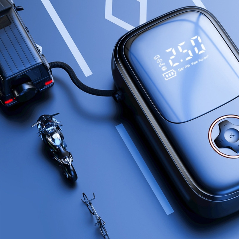 Autós légkompresszor mini-hordozható vezeték nélküli digitális elektromos felfújó szivattyú, felfújható autó motorkerékpár gumiabroncshoz 120 W