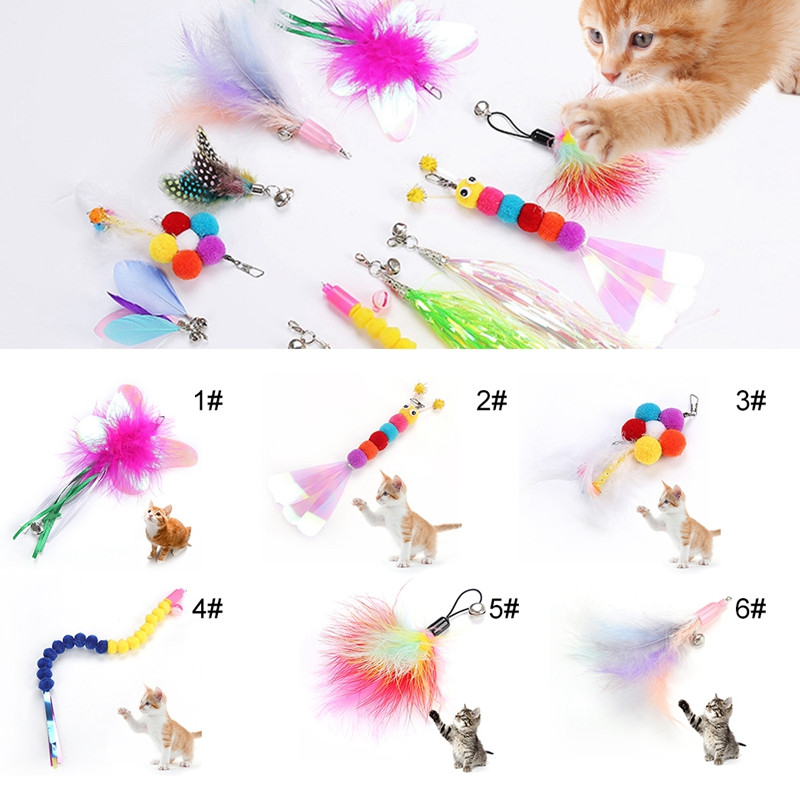 Többszínű macska ugrató pálcajáték interaktív kisállat behúzható tollas csengő utántöltő cserepálcafogó termék cicáknak