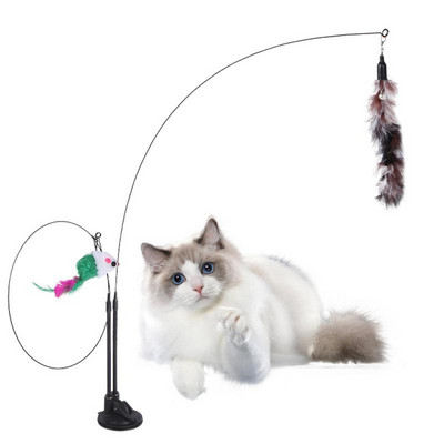 Cat Teaser Wand Dual Head Cat Feather Pole Toy с фиксирана катарама и вендуза Funny Kitten Toys Cats Fishing Pole Toy