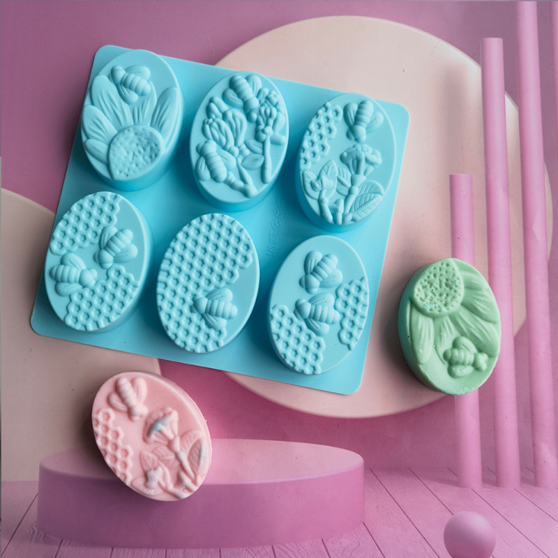 6 méh alakú szilikon szappanforma, ovális kézzel készített szilikon szappanforma, virág- és méhsejt alakú barkács tortaforma, sütőforma