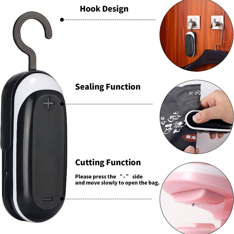 Mini táskazáró Hordozható hővákuumos tömítők 2 az 1-ben hővágó tömítők élelmiszerzacskó tárolására, horoggal kézben tartva