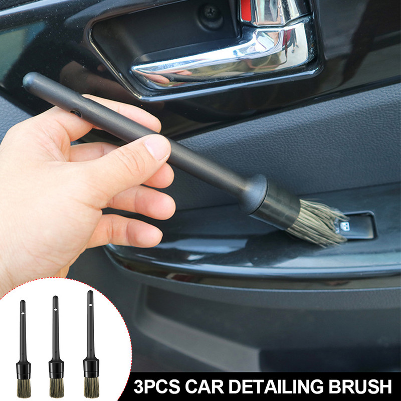 Set de perii de detaliu pentru mașină, 3 buc. Seturi de perii pentru curățarea mașinii, cu peri moi, Atuo, pentru spălarea roților de anvelope, accesorii pentru exterior, păr natural de mistreț
