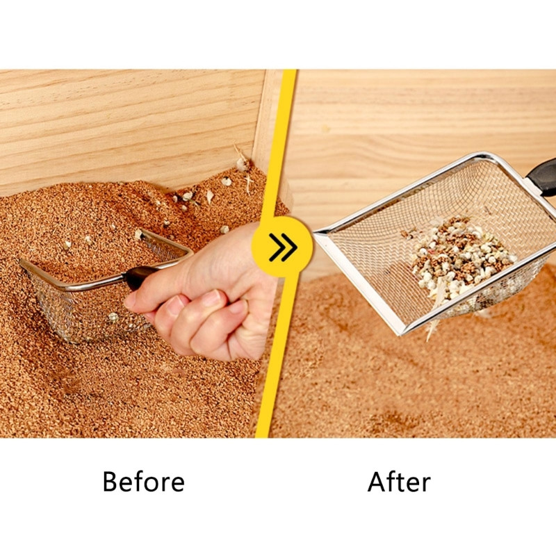 Roplių kaušeliai terariumo patalynės substrato smėlio sijotuvas nerūdijančio plieno smulkaus tinklelio mažo naminių gyvūnėlių narvelio valymo kastuvas