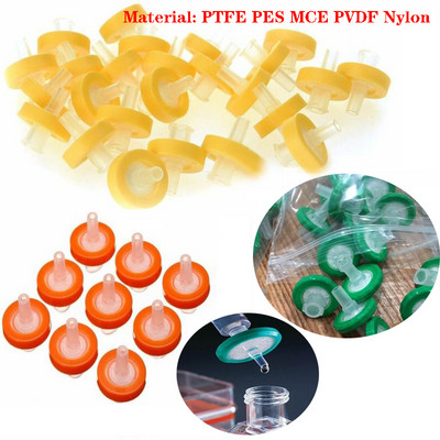5/10/25 tk PTFE PES MCE PVDF nailonist tööstuslikud süstalfiltrid 13-33mm 0,22-0,45m keemia laboritarbed juhusliku värvi filtrimask