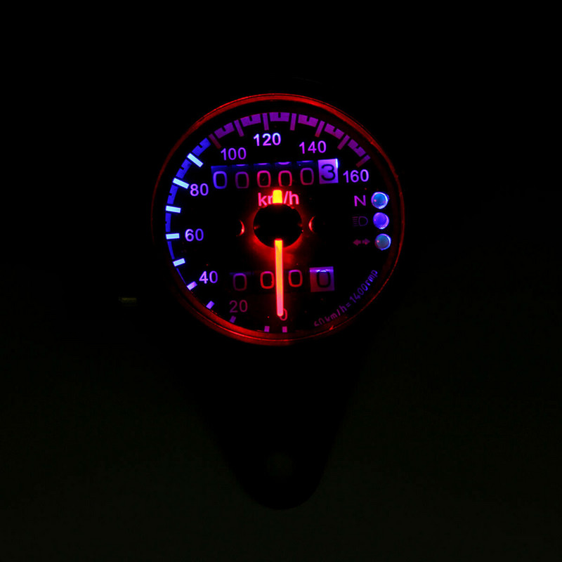 Universaalne mootorratta spidomeeter kahevärvilise LED-valgusega läbisõidumõõdik kiiruse KMH mõõte miil Cafe Racer mootorratta jaoks