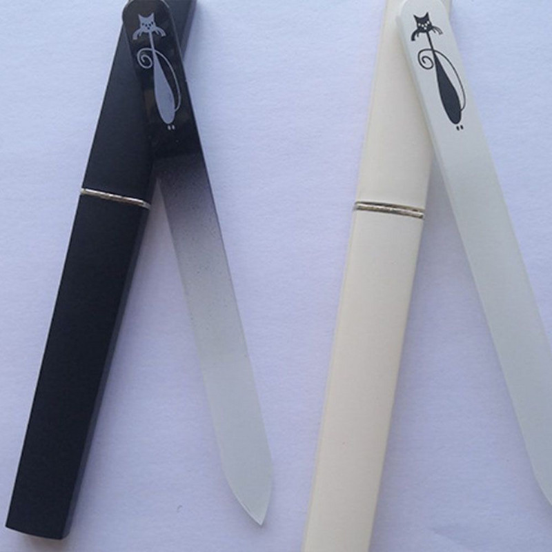 Pile de unghii cu model de pisici placate cu alb negru Pilă de unghii din sticlă de cristal cu carcasă rigidă din plastic, instrumente pentru unghii