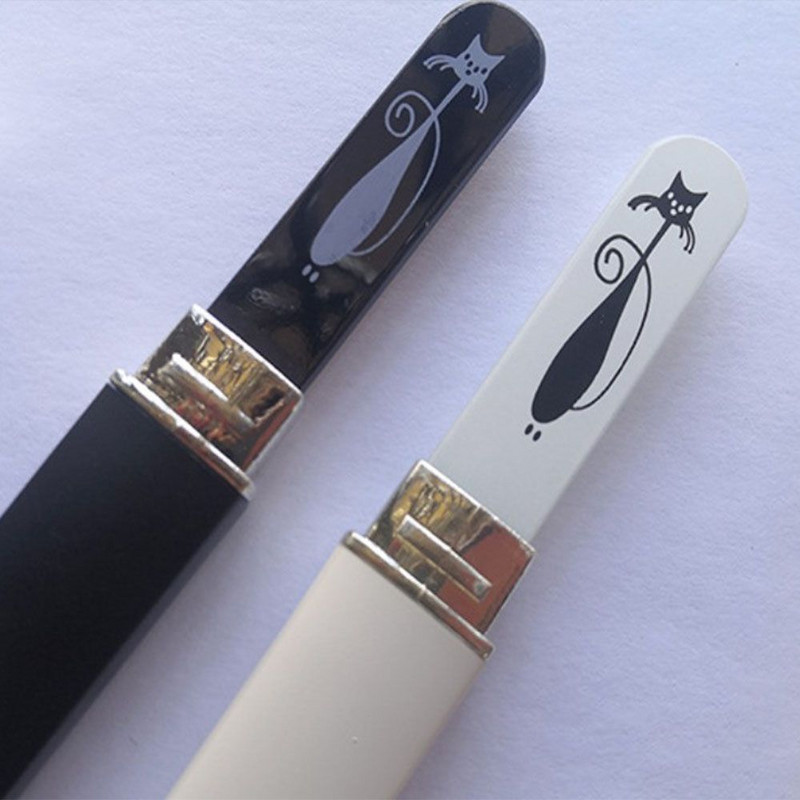 Pile de unghii cu model de pisici placate cu alb negru Pilă de unghii din sticlă de cristal cu carcasă rigidă din plastic, instrumente pentru unghii