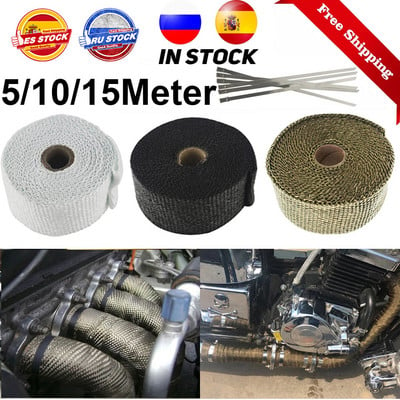 Ρολό 15M 10M 5M Titanium/Black Exxhaust Heat Wrap Roll for Motocycle Fiberglass Heat Shield Tape with Stainless Ties Δωρεάν αποστολή