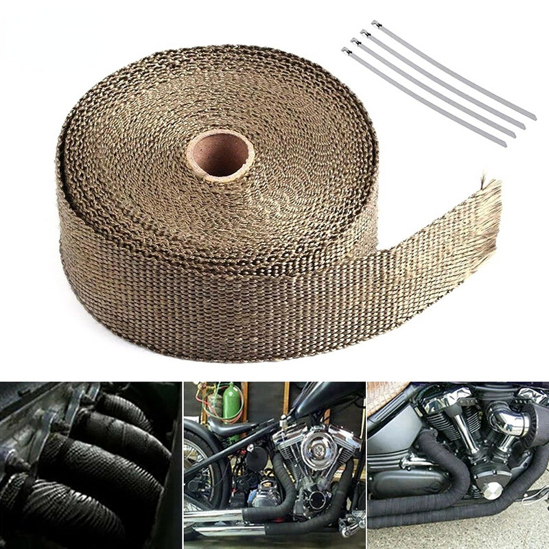 Ρολό 15M 10M 5M Titanium/Black Exxhaust Heat Wrap Roll for Motocycle Fiberglass Heat Shield Tape with Stainless Ties Δωρεάν αποστολή