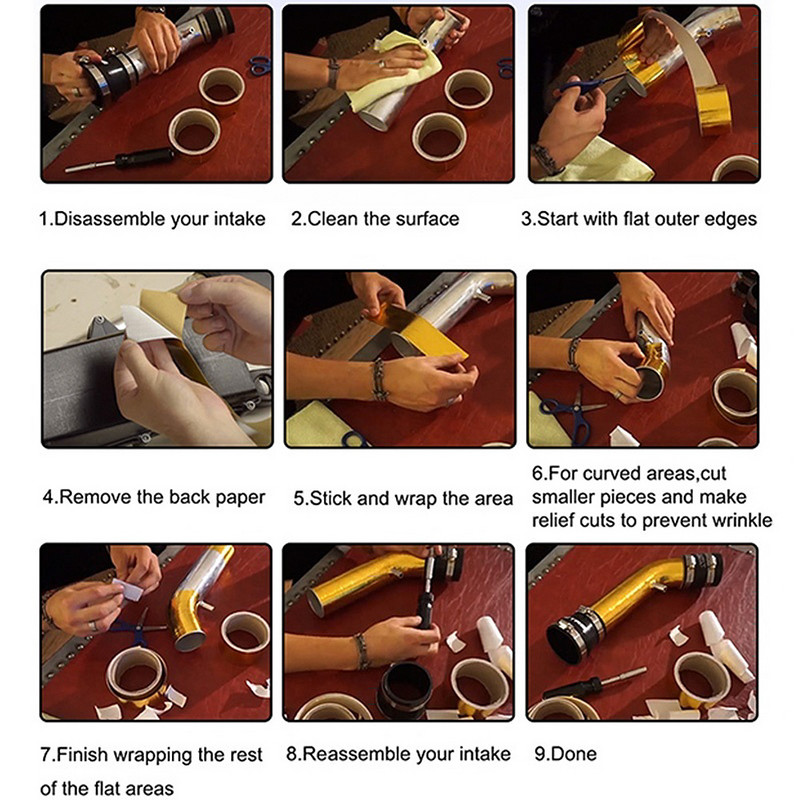 A Aur 1'' Bandă de evacuare termică Admisia aerului Izolație termică Scut înveliș Barieră de căldură reflectorizată Motor autoadeziv 1 inch 5/10M