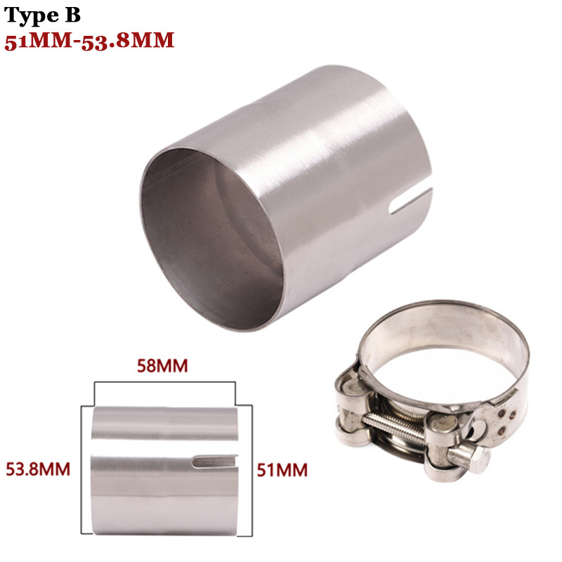 Universalus motociklo išmetimo adapterio pabėgimo jungtis, reduktorius, duslintuvas, nerūdijantis plienas, 51 mm, vingiuojantis 52 mm, 54 mm, 56 mm, 58 mm, 62 mm.