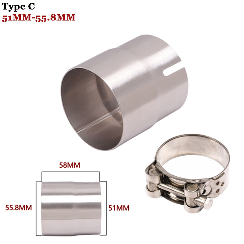 Universalus motociklo išmetimo adapterio pabėgimo jungtis, reduktorius, duslintuvas, nerūdijantis plienas, 51 mm, vingiuojantis 52 mm, 54 mm, 56 mm, 58 mm, 62 mm.