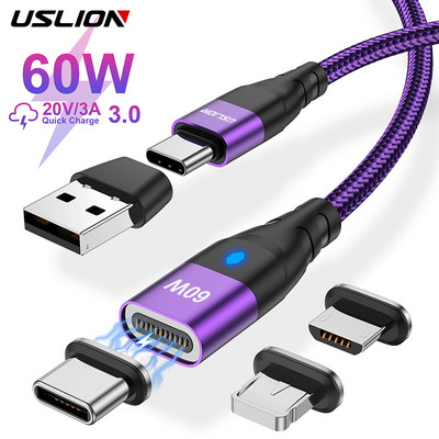 USLION 60W PD Fast Charger Cable USB C To Type C Micro Magnetic Data Cord 3A USB Cable For iPhone 13 Macbook Huawei Samsung S22
