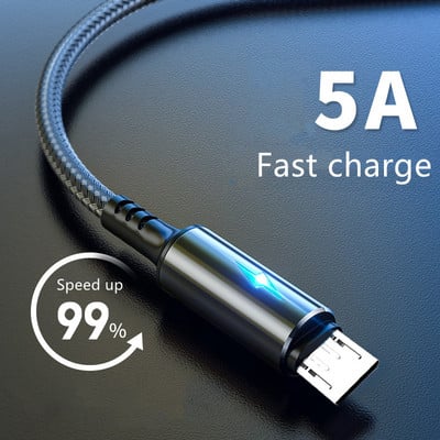 Mikro USB kabelis 5A LED ātras uzlādes mikro datu vads priekš Huawei Samsung Xiaomi Android mobilo tālruņu aksesuāri lādētāja kabeļi