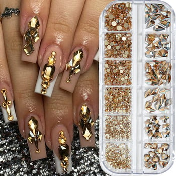 12 Grids/Box Crystal Nail Art Rhinestones Glass SS4-SS16 Nail Stones Shiny Flatback 3D DIY Nail Art Διακόσμηση