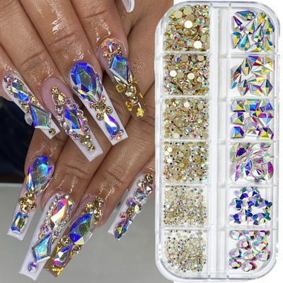 12 režģi/kaste, kristāla nagu mākslas darbi, rhinestones, stikli SS4-SS16 nagu akmeņi, spīdīgi plakanā aizmugurējā 3D diy nail art dekori