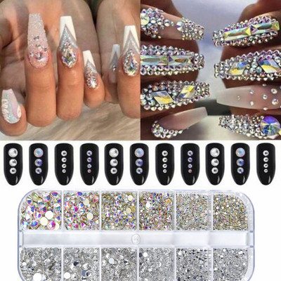 12 grile/cutie Cristal Nail Art Strass Sticla SS4-SS16 Pietre pentru unghii Shiny Flatback 3D DIY Nail Art Decoration