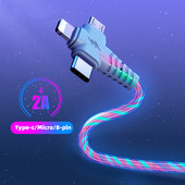 Cablu USB luminos cu flux 3 în 1 pentru Samsung LED Kable USB la Micro USB/Tip C/Fir pentru încărcător cu 8 pini pentru iPhone 14 13 Pro Xiaomi